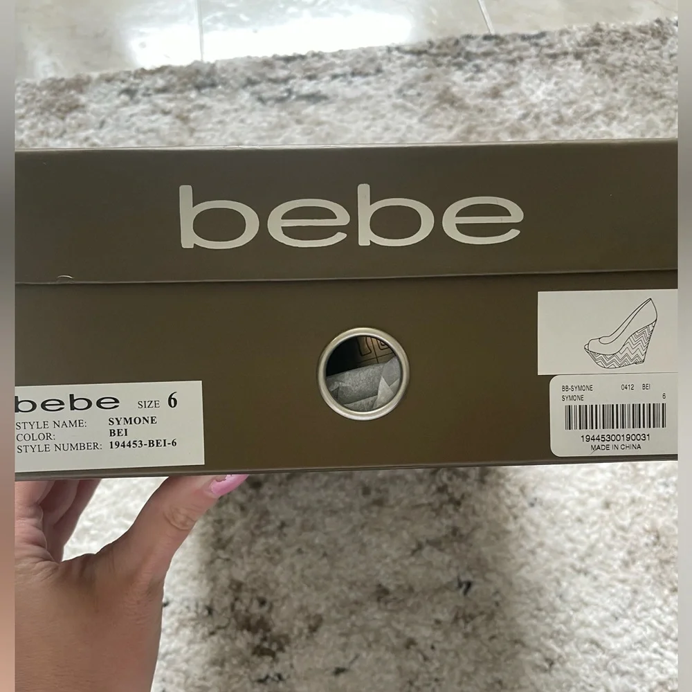 BEBE WEDGES! BRAND NEW!!! Metallic with Tan leather! Size: 6. Comes with Box!